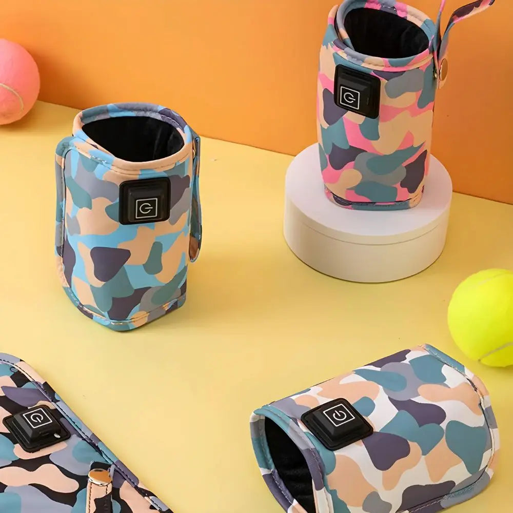 A imagem mostra quatro aquecedores de mamadeiras USB com design camuflado em cores variadas (azul, rosa, roxo e bege) dispostos sobre uma superfície amarela com um fundo laranja. Dois dos aquecedores estão em pé, enquanto os outros dois estão deitados. Há duas bolas de tênis, uma rosa e uma amarela, ao redor dos aquecedores, adicionando um elemento lúdico à composição.
